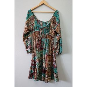 Earthbound Womens Medium Midi Tie Front Paisley Boho Dress Blue